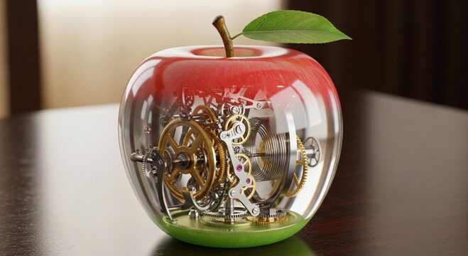Mechanical apple with clockwork gears inside transparent body on dark wooden table in steampunk style with warm lighting for science fiction