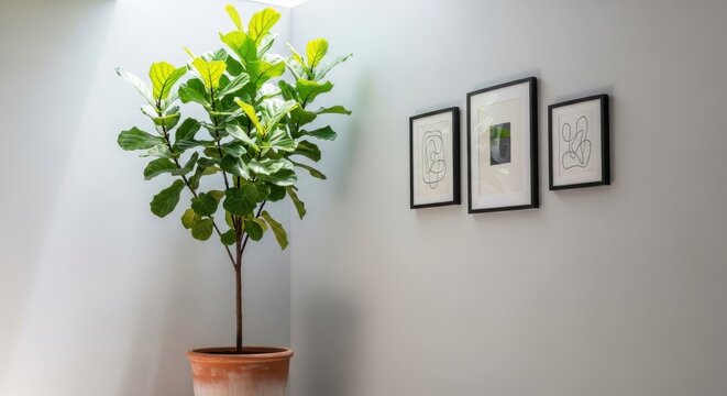 Vibrant Fiddle Leaf Fig Tree in Terracotta Pot with Framed Art on Wall
