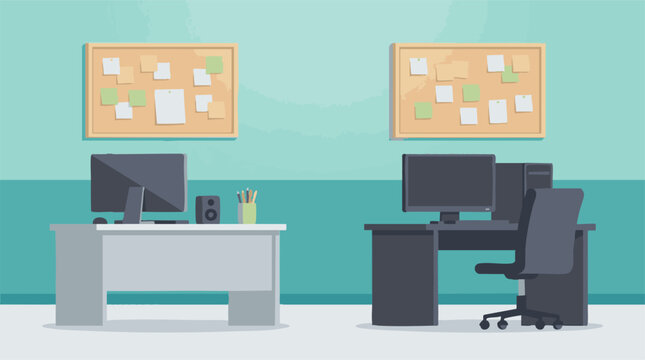 Modern office workstations with computers, bulletin boards, and minimalist design