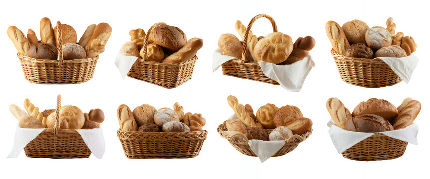 Various baskets of bread on white background wicker bakery food
