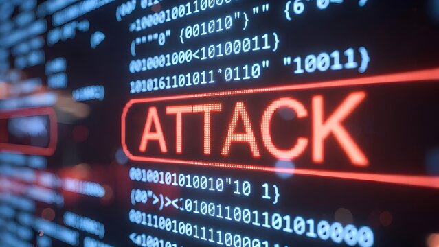 Cybersecurity threat and data breach alert system. Network protection and digital hacking. Computer screen displaying red attack text on binary code