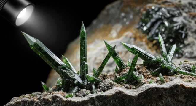 Sharp emerald green pyroxene crystals emerging from mineral matrix, showcasing intricate geological formation