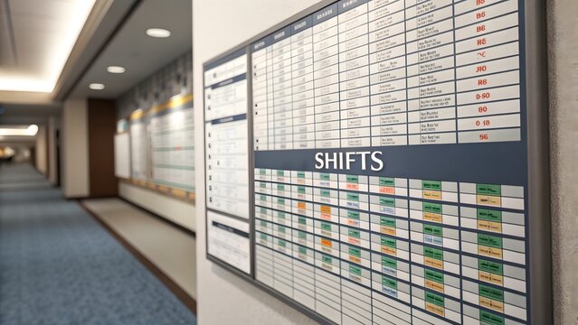 Office Corridor with Employee Shift Schedule Boards on Wall