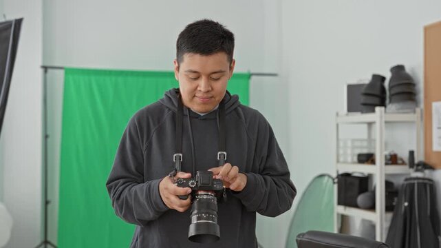 Man photographer holding dslr camera, fingers adjusting lens and checking settings in studio; concentration craft.