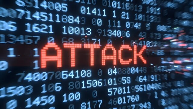 Digital cyber attack alert and computer hacking attempt. Security breach and unauthorized access. Red pixelated text flashing over fast moving data stream on monitor