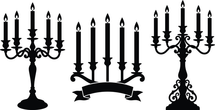 Candle holder silhouettes set vintage candelabra antique candlestick gothic decor black vector illustration elegant light design collection isolated