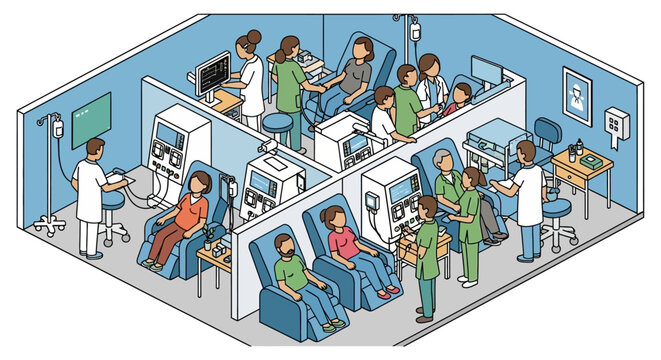 Medical professionals tending to patients undergoing dialysis treatment in a modern clinic.