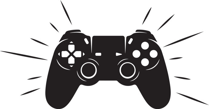 Black game controller with white background and motion lines