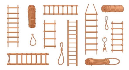 Collection of wooden ladders ropes and climbing equipment illustrations © Naksha