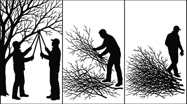 Tree pruning and wood collection silhouettes workers cutting branches gathering firewood outdoor work vector illustration rural nature activity set