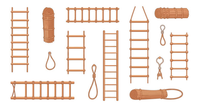 Collection of wooden ladders ropes and climbing equipment illustrations