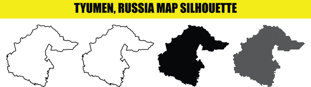 Tyumen russia map silhouette vector set with various styles like line art and dots on transparent background grid.