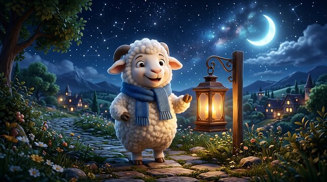 Cartoon sheep character with lantern on a path under a night sky