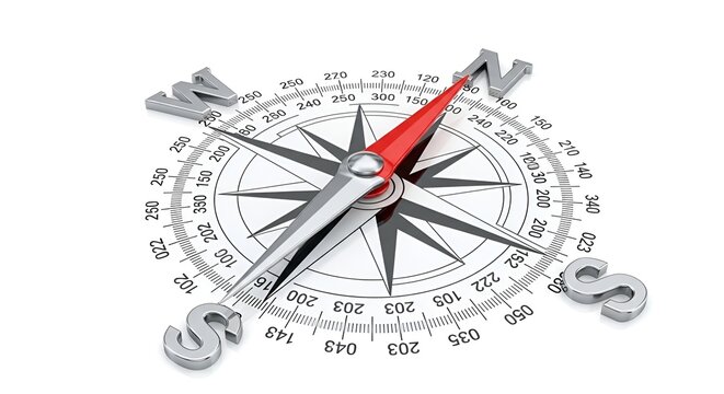 3D red compass needle pointing north on detailed technical blueprint with screws and tools for navigation and engineering concept