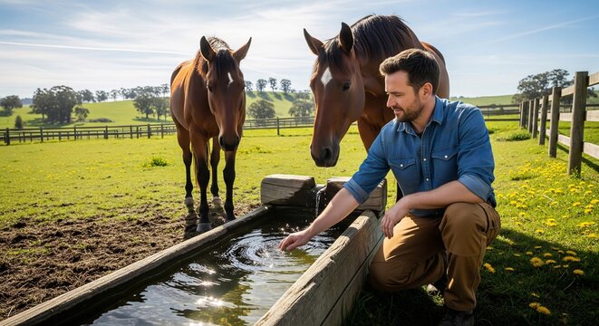 Caring Man Tending to Horses in a Vibrant Green Pasture on a Beautiful Sunny Day