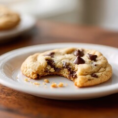 Fototapeta premium Warm daylight photograph of a bitten chocolate chip cookie with crumbly edges on a wooden table