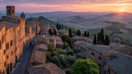 Obraz premium Volterra Sunset in Tuscany: Golden Hour over Medieval Stone Townscape