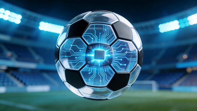 Futuristic Smart Soccer Ball with Glowing Blue Circuitry and IMU Sensor Technology in Neon Stadium