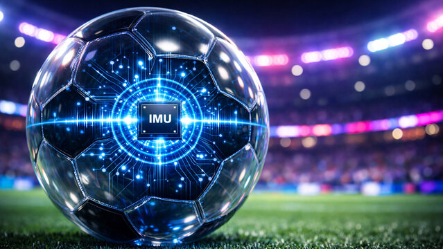 Futuristic Smart Soccer Ball with Glowing Blue Circuitry and IMU Sensor Technology in Neon Stadium