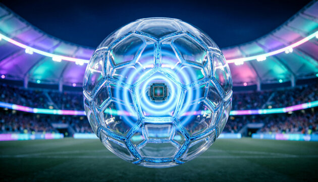 Futuristic Smart Soccer Ball with Glowing Blue Circuitry and IMU Sensor Technology in Neon Stadium