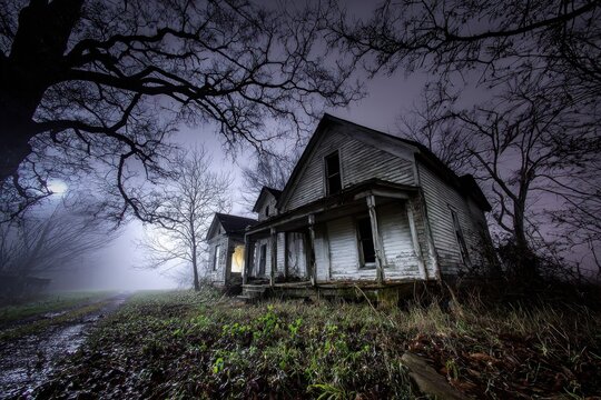 Moody nighttime image of a creaking porch and weathered siding on a lone house