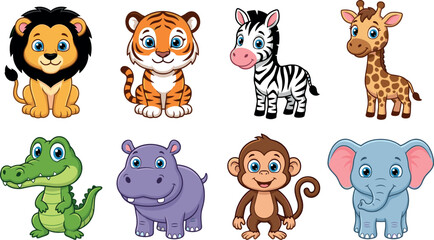 Obraz premium Vector Illustration of Cute Wild Animal Characters Including Lion, Tiger, Giraffe, Zebra, Monkey, Elephant, and More for Safari and Wildlife Themes