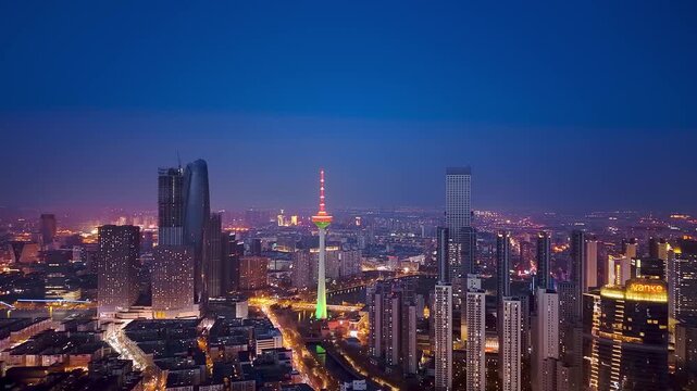 Aerial photography of the night view of the skyline in Shenyang, Liaoning Province, China