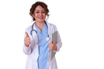 Fototapeta premium Female doctor giving thumbs up gesture, smiling, wearing lab coat, holding tablet, showing success in healthcare