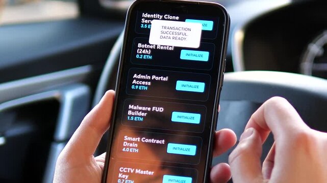 Purchasing Hacking Services and Malware on Dark Web App. Close-up of a smartphone showing illegal hacking services. User pays for a malware builder with crypto. Shows successful transaction for botnet