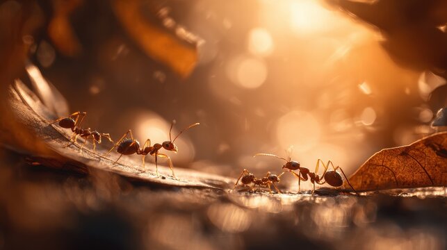 Tiny teamwork in nature: ants bearing leaves in a sunlit micro habitat