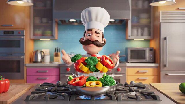 Animated chef preparing vegetables in kitchen scene for cooking show or culinary tutorial with cartoon style and whimsical feel