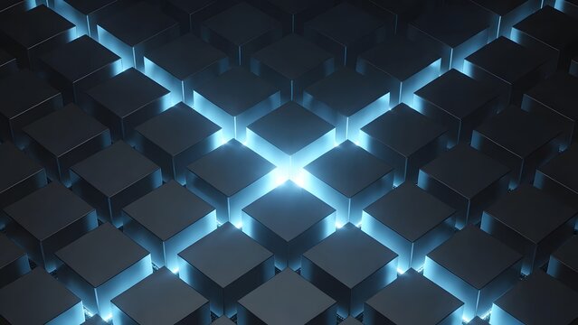 Grid of dark futuristic blocks with blue neon glow. Geometric architecture for cloud computing and data center concepts. Symmetric cubes emitting light from a central core