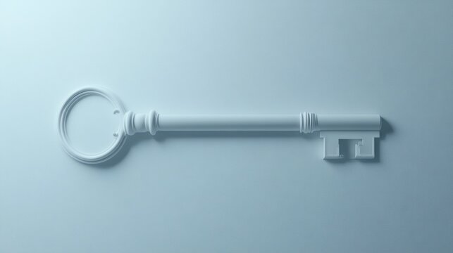 A stylized, light gray antique key on a pale blue background