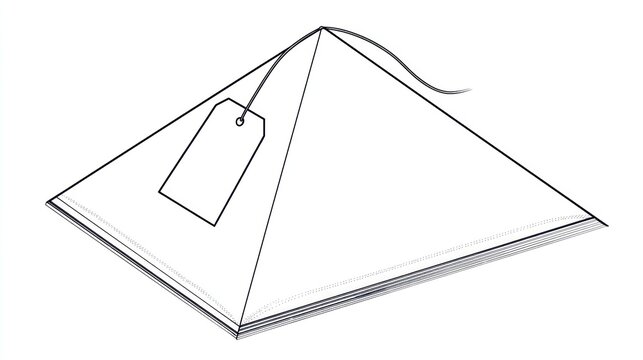 Line drawing of a paper package with a tag attached by string, clean white background