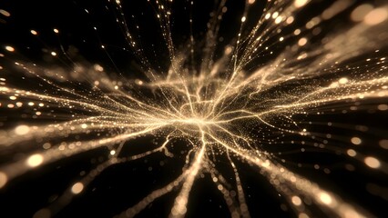 Obraz premium Golden fiber optic lines and radiant energy blast. High speed internet and telecommunications. Glowing light streaks exploding from a central data hub