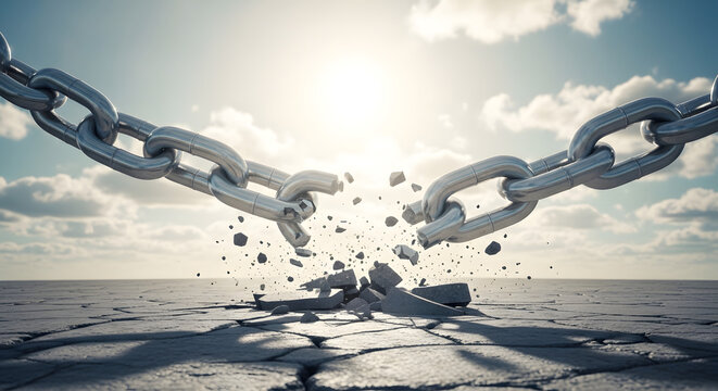 A large metal chain breaking apart on cracked ground with a bright sun and blue sky