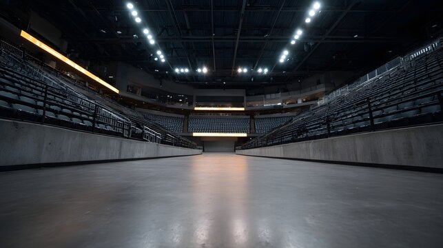 Low angle view of an empty modern indoor sports arena featuring concrete floors tiered seating and dramatic overhead lighting