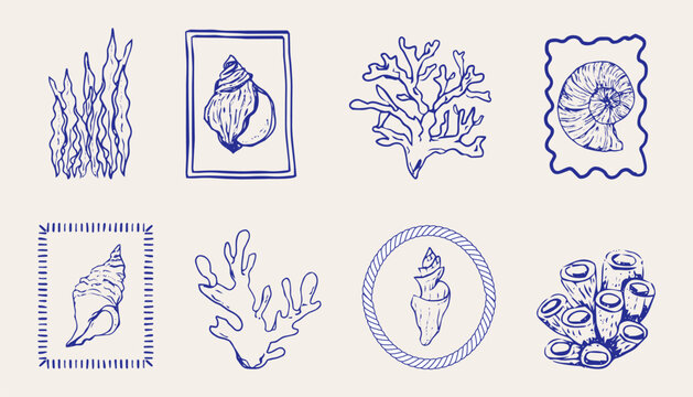 Coastal seashell retro blue stamp, marine nautical theme. Minimalist retro sea print designs sketch with outline seashells illustrations in whimsical frames