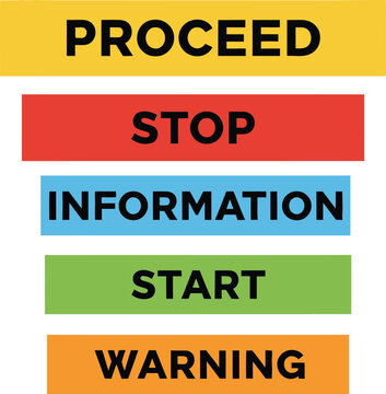 Safety Alert Signage and Notification Label Set Featuring Proceed Stop Information Start and Warning Status Bars for Industrial Use