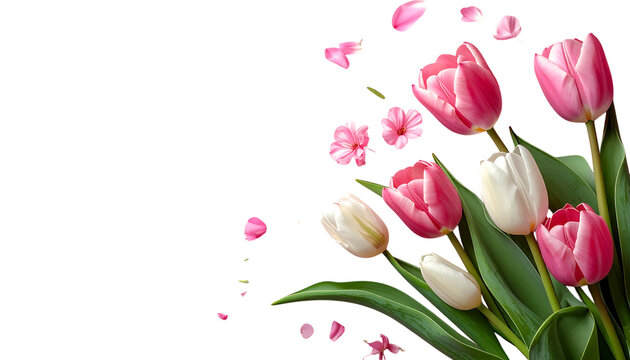 Vibrant pink and white tulips with falling petals and green stems isolated on a transparent background