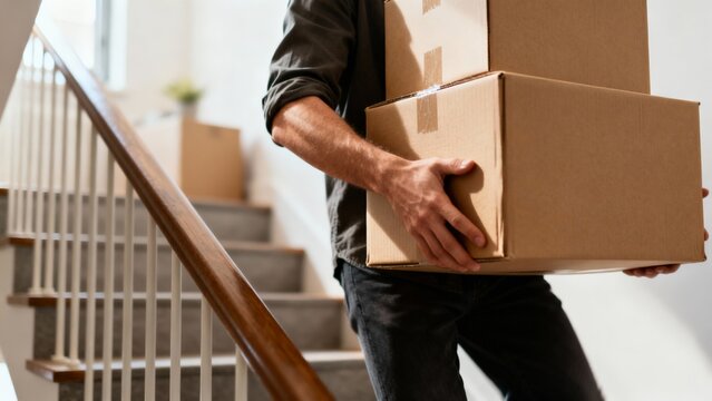 Courier Carrying Cardboard Boxes Up Interior Staircase, Hands Gripping Packages, Focused Effort And Logistics In Transit, Stairwell Movement Conveying Service And Relocation Job