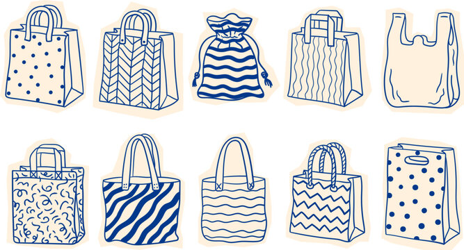 blue hand drawn eco bags and reusable shopping tote set with geometric prints and patterns isolated on white for sustainable design