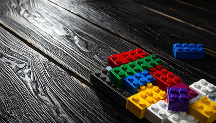 Obraz premium Brightly colored lego bricks arranged in a fun pattern for children to play and create with their imagination on a table.