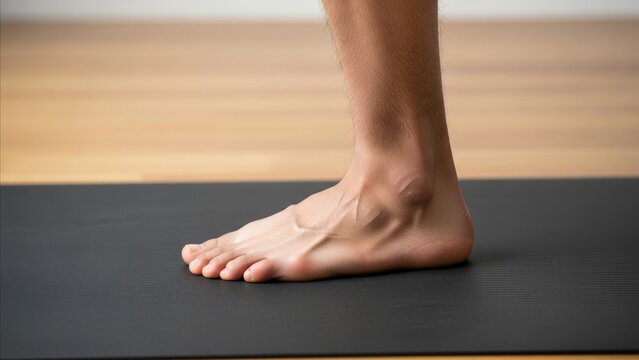 Fitness - Bare Male Foot Flat on Black Yoga Mat with Visible Ankle Tendons on Wooden Floor Background