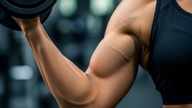 Fitness - Muscular Female Arm Curling Dumbbell in Gym with Sweat Drops on Toned Bicep Close Up