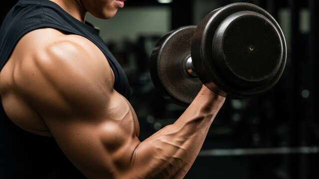 Fitness - Muscular Man Performing Dumbbell Bicep Curl in Dark Gym Showing Defined Arm Muscles