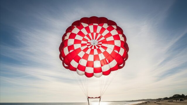 Red and white striped parasailing parachute against blue sky over tropical beach coastline during daytime water sports activity
