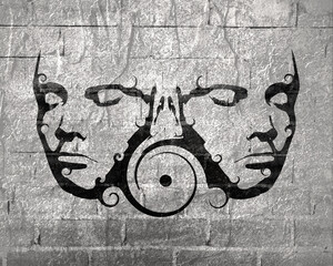 Naklejka premium Two young women face front view. Melted with spiral and decorated by curls. Elegant silhouette of a female heads. Split personality disorder. Friendship, communication and family concept.