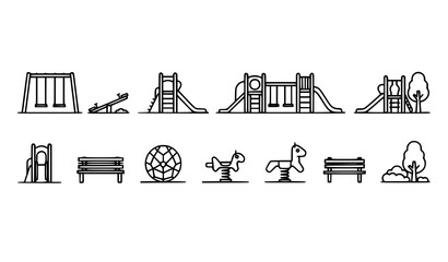 Playground equipment and park elements black and white vector set in long horizontal layout with swings slides and jungle gym icons