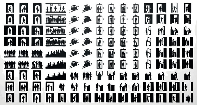 Subterranean Mega City Silhouettes Set Pack. Editable Vector Stroke Illustration. featuring vector, graphic, illustration, silhouette, icons, public, transport, people, movement, travel, building more